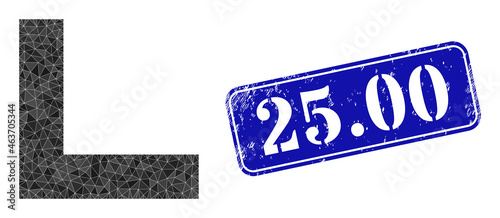 Low-poly corner designed with scattered filled triangles, and grunge 25.00 seal stamp. Blue rounded framed rectangle seal includes 25.00 tag inside framed rectangle form.