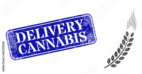 Low-poly wheat ear constructed of random filled triangles, and grunge Delivery Cannabis seal. Blue rounded framed rectangle stamp includes Delivery Cannabis text inside framed rectangle form.