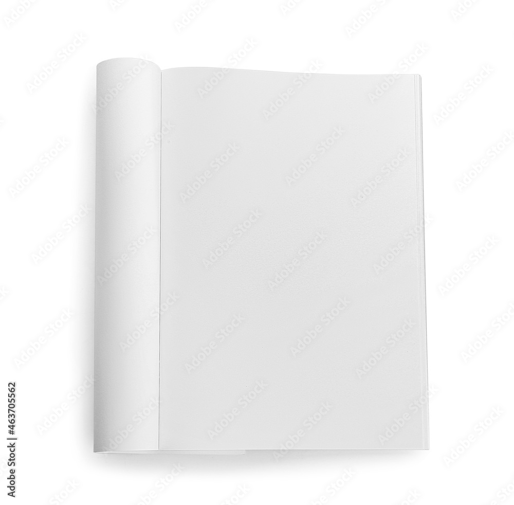 Blank magazine on white background, top view