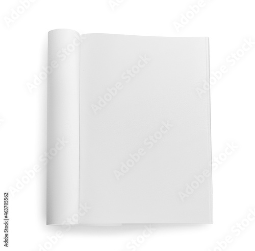 Blank magazine on white background, top view