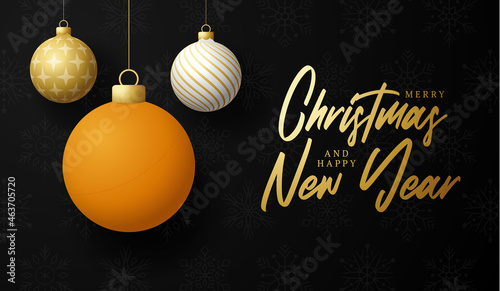 ping pong Christmas sale banner. Merry Christmas sport greeting card. Hang on a thread table Tennis ball as a xmas ball and golden bauble on black horizontal background. Sport Vector illustration.