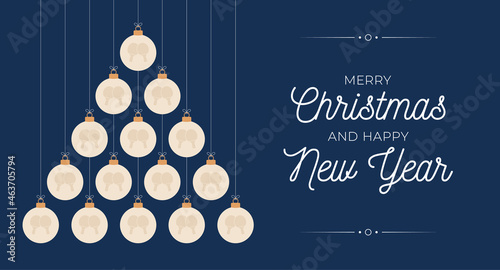 Ping pong Christmas and new year greeting card bauble tree. Creative Xmas tree made by table tennis ball on dark background for Christmas and New Year celebration. Sport greeting card
