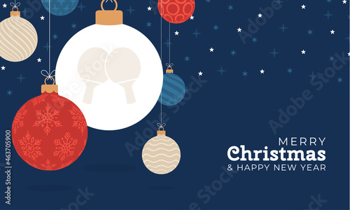 Ping pong christmas greeting card. Merry Christmas and Happy New Year flat cartoon Sports banner. table tennis ball as a xmas ball on background. Vector illustration.