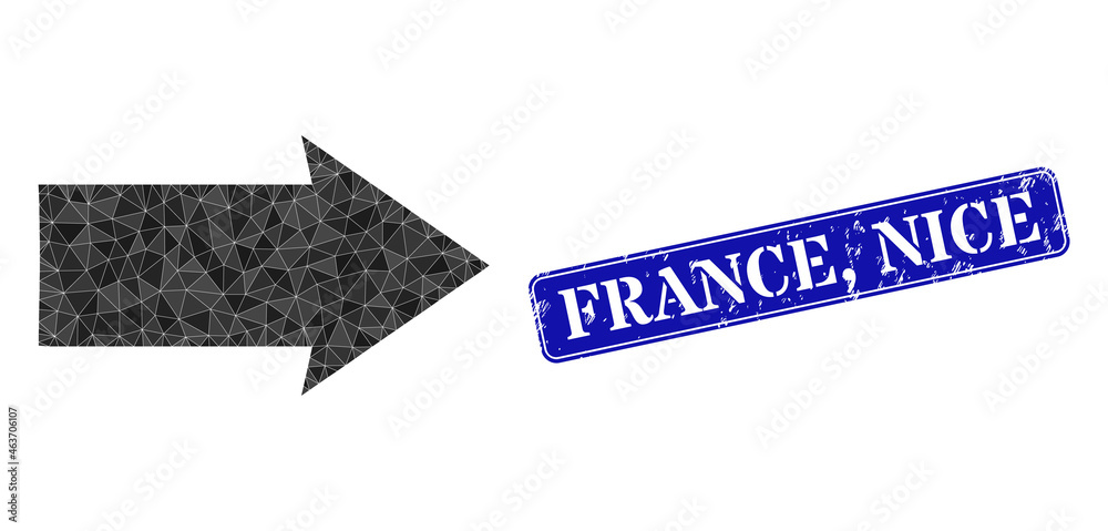 Low-poly right direction constructed with randomized filled triangles, and grunge France, Nice seal. Blue rounded framed rectangle stamp seal includes France, Low-poly right direction constructed with randomized filled triangles, and grunge France, Nice seal. Blue rounded framed rectangle stamp seal includes France,