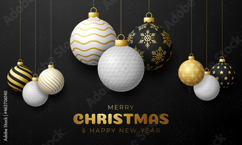 golf Christmas card. Merry Christmas sport greeting card. Hang on a thread golf ball as a xmas ball and golden bauble on black horizontal background. Sport Vector illustration.