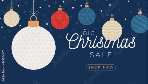 Golf christmas sale banner. Merry Christmas and Happy New Year flat cartoon Sports banner. golf ball as a xmas ball on background. Vector illustration.