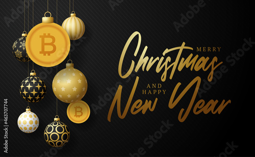 Merry Christmas gold bitcoin symbol banner. bitcoin sign as christmas bauble ball hanging greeting card. Vector image for xmas, finance, new years day, banking, money