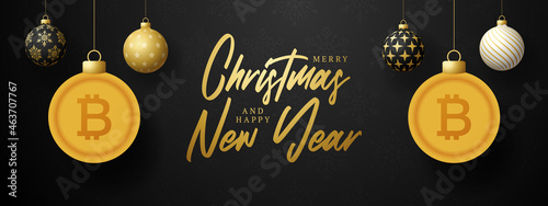 Merry Christmas gold bitcoin symbol banner. bitcoin sign as christmas bauble ball hanging greeting card. Vector image for xmas, finance, new years day, banking, money