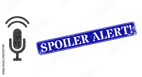 Low-poly podcast designed from random filled triangles, and grunge Spoiler Alert! seal. Blue rounded framed rectangle stamp seal includes Spoiler Alert! title inside framed rectangle shape.