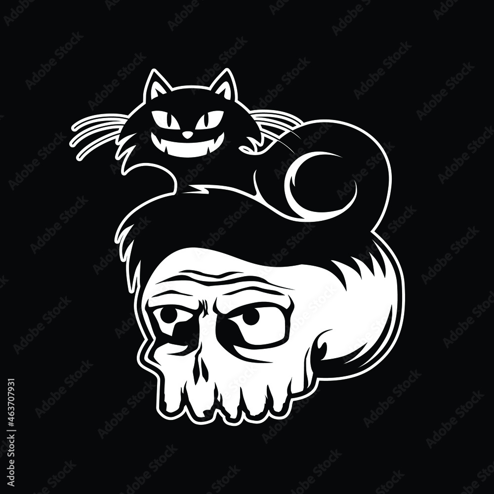 Angry cat on skull head with black and white color