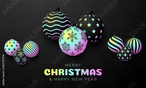 Christmas greeting card Holographic foil bauble ball. Merry Christmas and Happy New Year banner with iridescent realistic festive ball gradient holographic neon shade color. Vector illustration