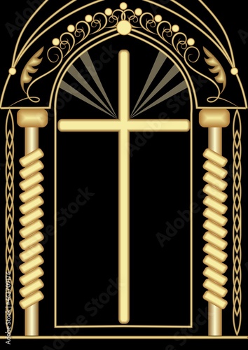 religious theme, background with golden altar, Christian symbol cross, golden drawing on black background, relief effect, funeral decoration
