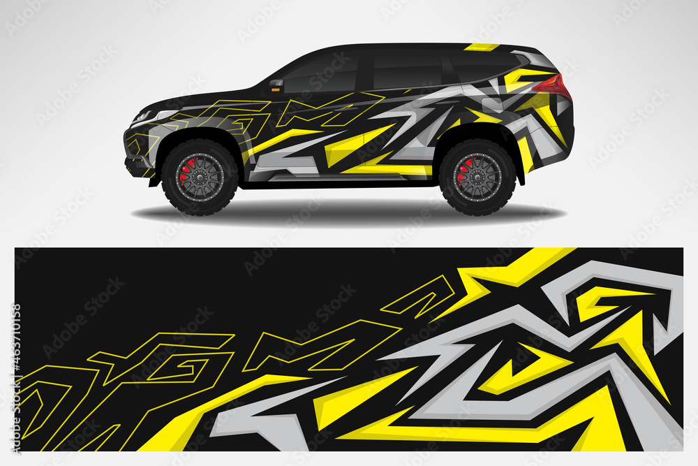 Car  wrap design race livery vehicle decal vector. Graphic abstract stripe racing background kit designs for vehicle, race car, rally, adventure and livery