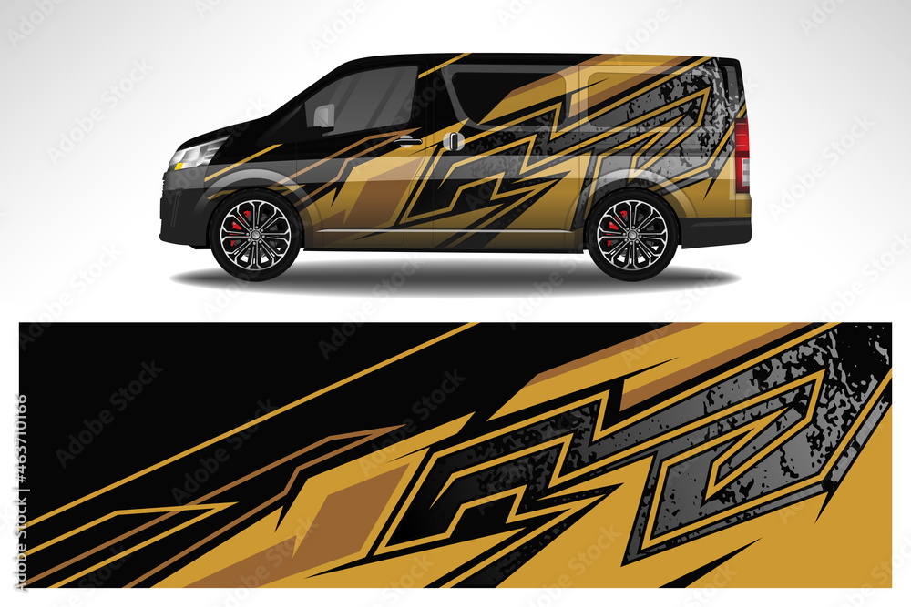 Fototapeta premium Car wrap design race livery vehicle decal vector. Graphic abstract stripe racing background kit designs for vehicle, race car, rally, adventure and livery