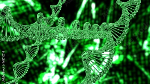 Science Molecular Glass DNA Model Structure under green flash light. 3D illustration. 3D CG. 3D high quality rendering. © DRN Studio