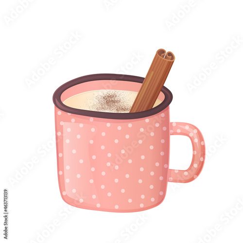 Cute cozy eggnog beverage with cinnamon and cocoa powder in cartoon realistic style