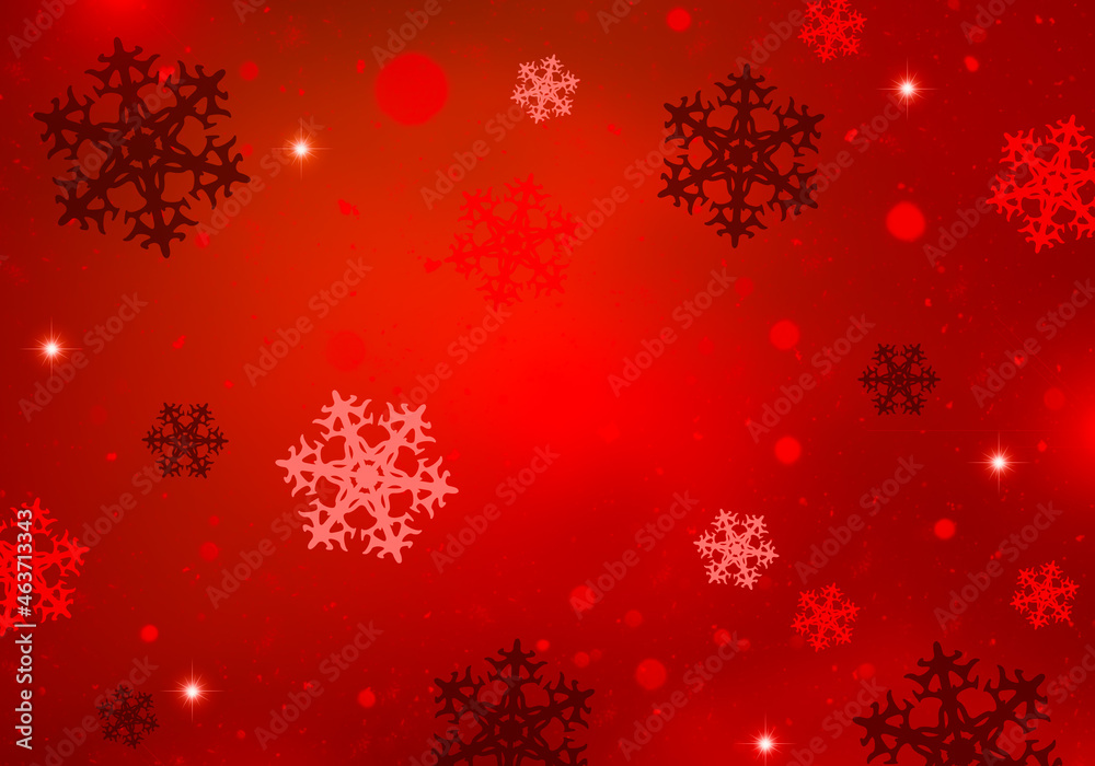 Red christmas background with snowflakes, glitter and lights.