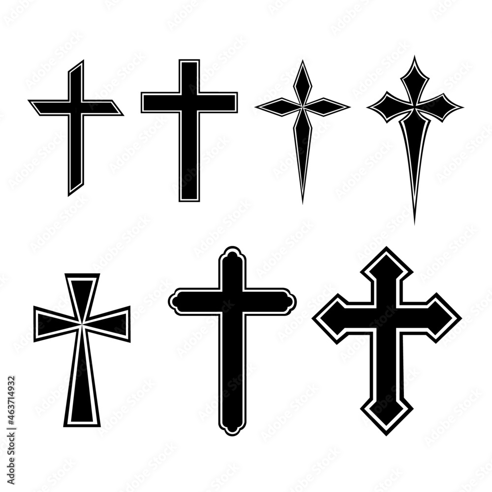 A set of Christian cross icons in black and white. They’re different design and isolated on white background