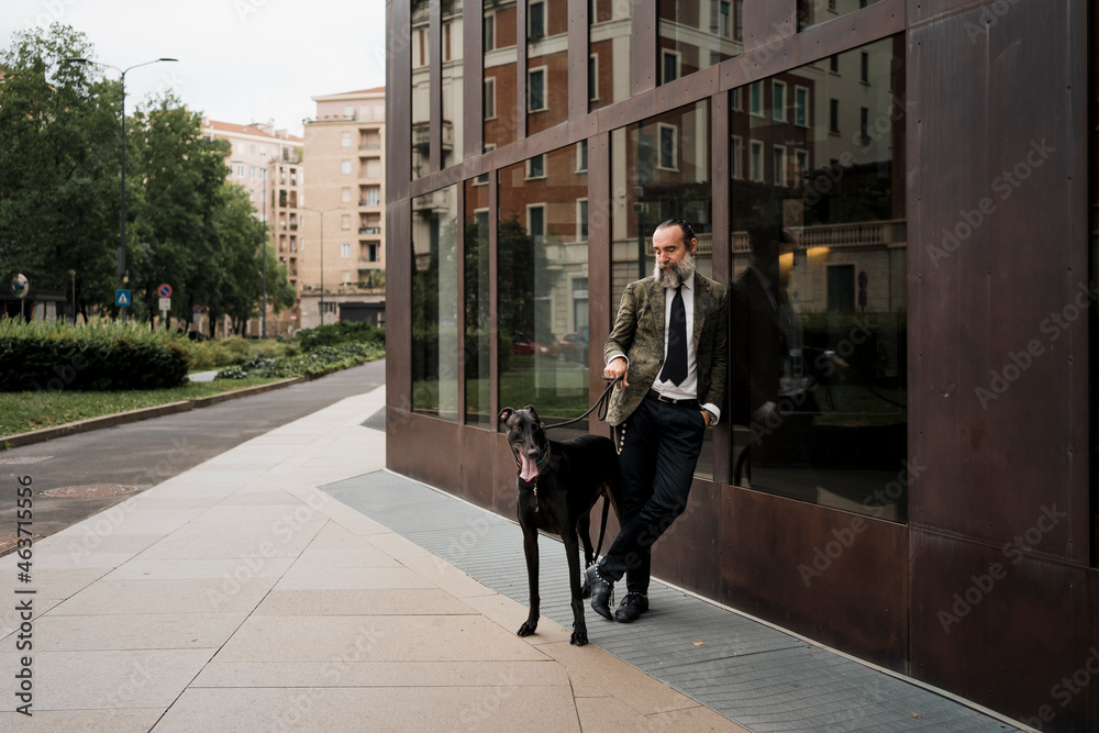 Adult Man walking outdoor with his dog in the city Adult Man walking outdoor with his dog in the city