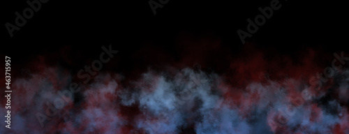 Cyan and red smoke or dust texture on dark black color. Abstract background design