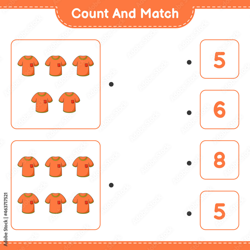 Count and match, count the number of T-shirt and match with the right numbers. Educational children game, printable worksheet, vector illustration Count and match, count the number of T-shirt and match with the right numbers. Educational children game, printable worksheet, vector illustration