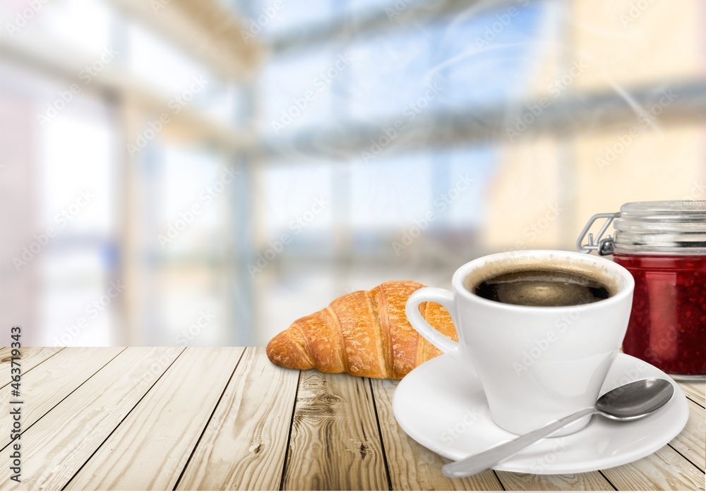 Fresh delicious breakfast with Coffee, crispy croissants on desk - obrazy, fototapety, plakaty 