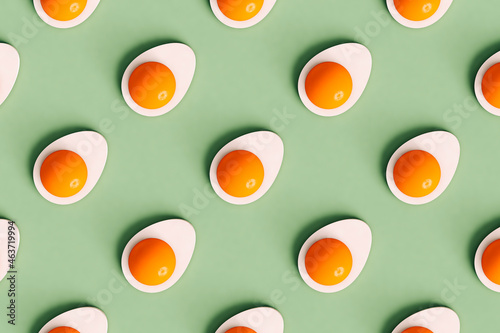 top-down view of 3D render of boiled eggs cut in half