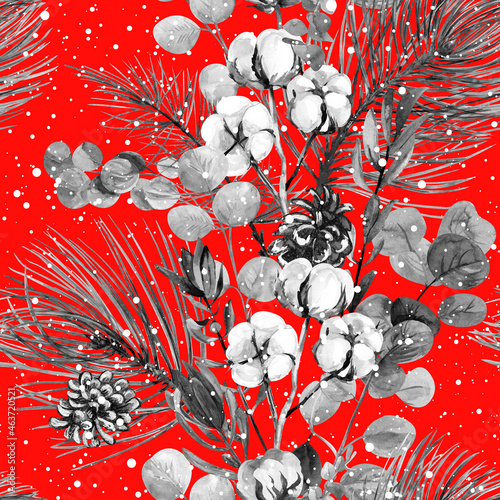 watercolor christmas seamless pattern with black and white winter bouquet and dried flowers and fir branches on red background for wrapping paper and surface design