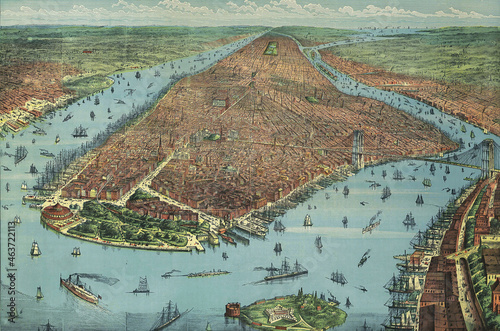 Old vintage colorful map of New York City with the Brooklyn bridge dated back to 1876