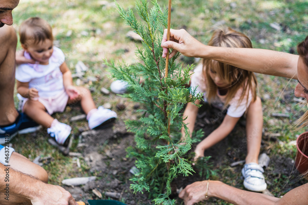 Parents and children planting tree Parents and children planting tree