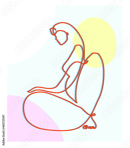 One line drawing of sitting nude woman.
One continuous line drawing of sitting naked woman.

