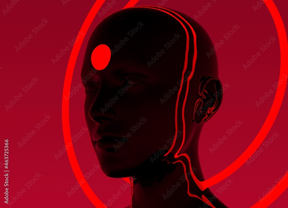 Surrealistic 3D portrait of an artificial human or robot with many halos around its head. Surrealistic 3D portrait of an artificial human or robot with many halos around its head.