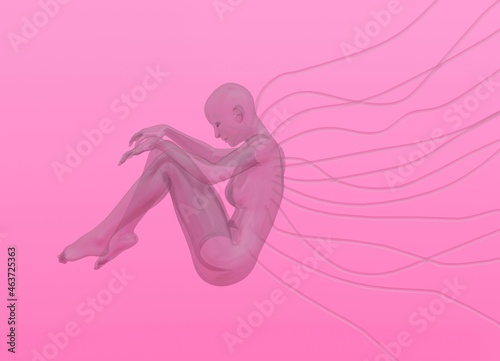 Photo An artificial human in a fetal position with wires coming from the body
