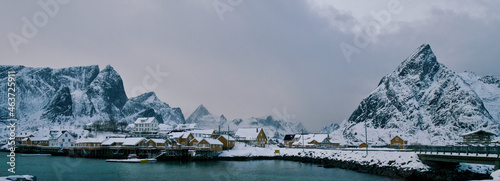 Lofoten Islands villages, road bridges, Norway snowy winter photo