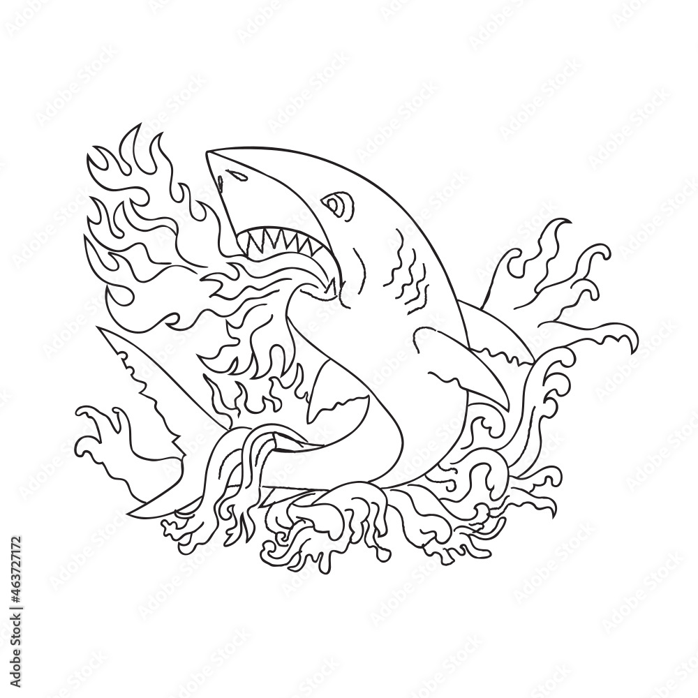Vintage tattoo style illustration of a great white shark breathing fire jumping up with waves on isolated white background done in black and white.