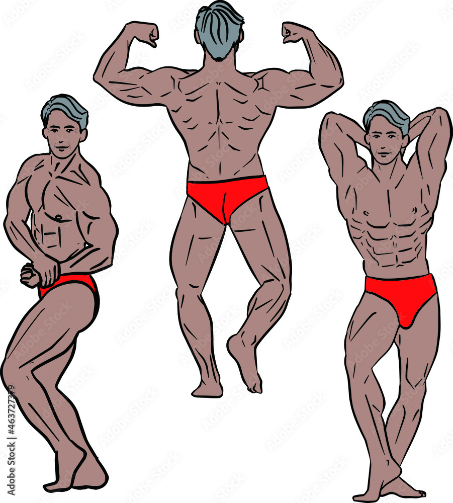 ボディービルのポーズ アブドミナルアンドサイ サイドチェスト ダブルバイセップバック をとるアジア人のロマンスグレーの男性ボディービルダー のコミック調のシンプルな線画イラストのセット Stock ベクター Adobe Stock