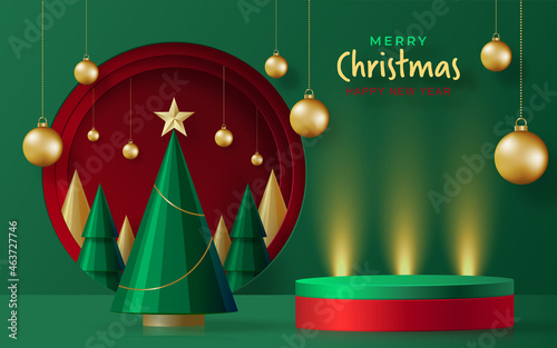 Podium round stage style, for Merry christmas and happy new year and festivals or greeting festival with red paper cut art and craft on color backgroung with festive elements.