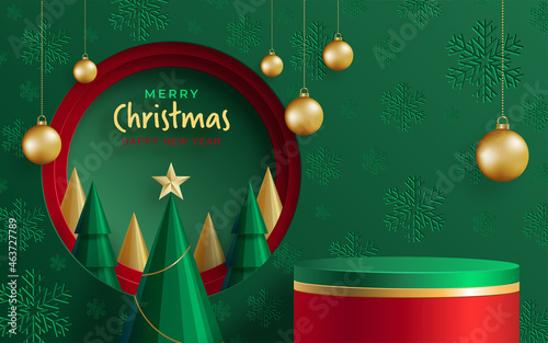 Podium round stage style, for Merry christmas and happy new year and festivals or greeting festival with red paper cut art and craft on color backgroung with festive elements.