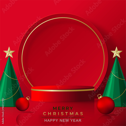 Podium round stage style, for Merry christmas and happy new year and festivals or greeting festival with red paper cut art and craft on color backgroung with festive elements.