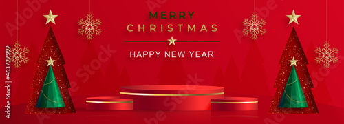 Podium round stage style, for Merry christmas and happy new year and festivals or greeting festival with red paper cut art and craft on color backgroung with festive elements.