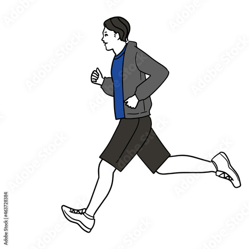 パーカーとハーフパンツで走る若いアジア人男性の全身の線画のイラスト
