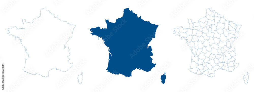 Obraz premium France map vector. High detailed vector outline, blue silhouette and administrative departments. All isolated on white background