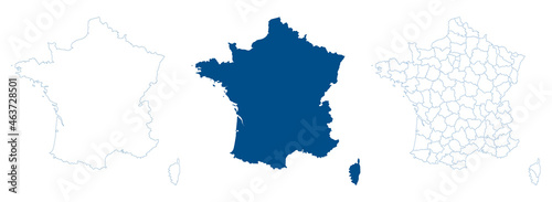 France map vector. High detailed vector outline  blue silhouette and administrative departments. All isolated on white background