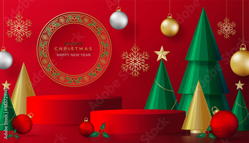Podium round stage style, for Merry christmas and happy new year and festivals or greeting festival with red paper cut art and craft on color backgroung with festive elements.