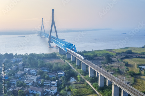 aerial view of the railway bridge at dusk on Yangtze river