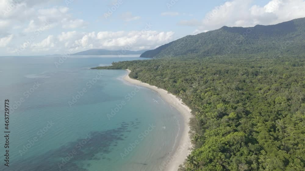 Aerial View Of Myall Beach With Vista Of Forest Mountains In Cape Tribulation, Queensland, Australia. Aerial View Of Myall Beach With Vista Of Forest Mountains In Cape Tribulation, Queensland, Australia.