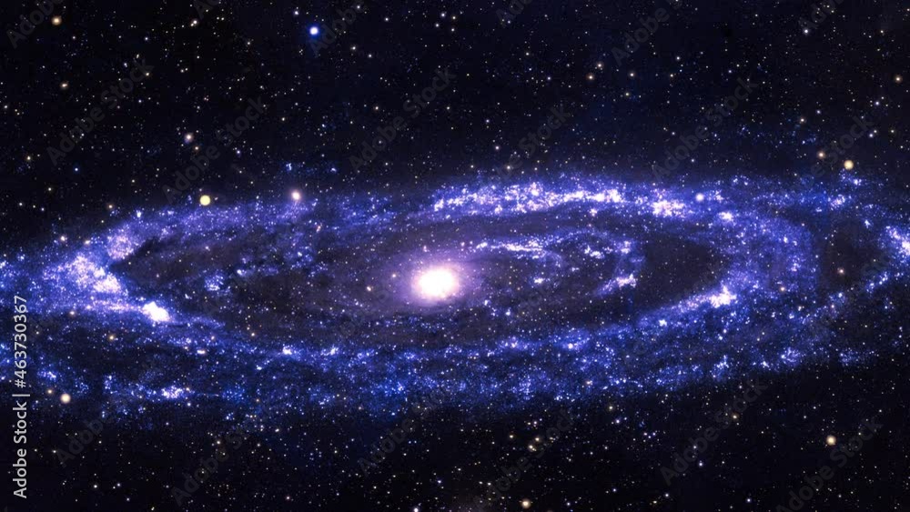 nterstellar space travel universe to the M31 Spiral Galaxy. Messier 31 is the largest galaxy in the M81 Group. 4K 3D Outer Space exploration abstract background concept. Elements furnished by NASA.