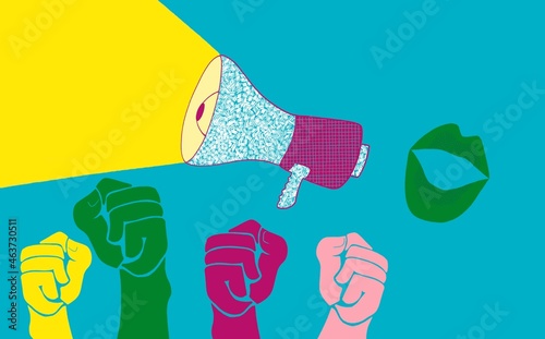 Clenched fists and megaphone