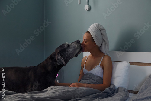 Dog licking face of woman photo