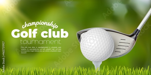Foto Golf club and ball tee on grass field, vector sport tournament poster background